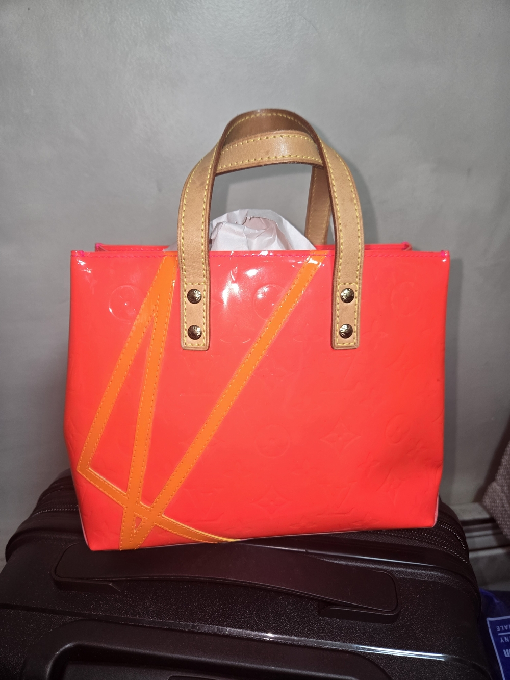 Louis Vuitton Patent Tote in Vibrant Coral with Tan Handles